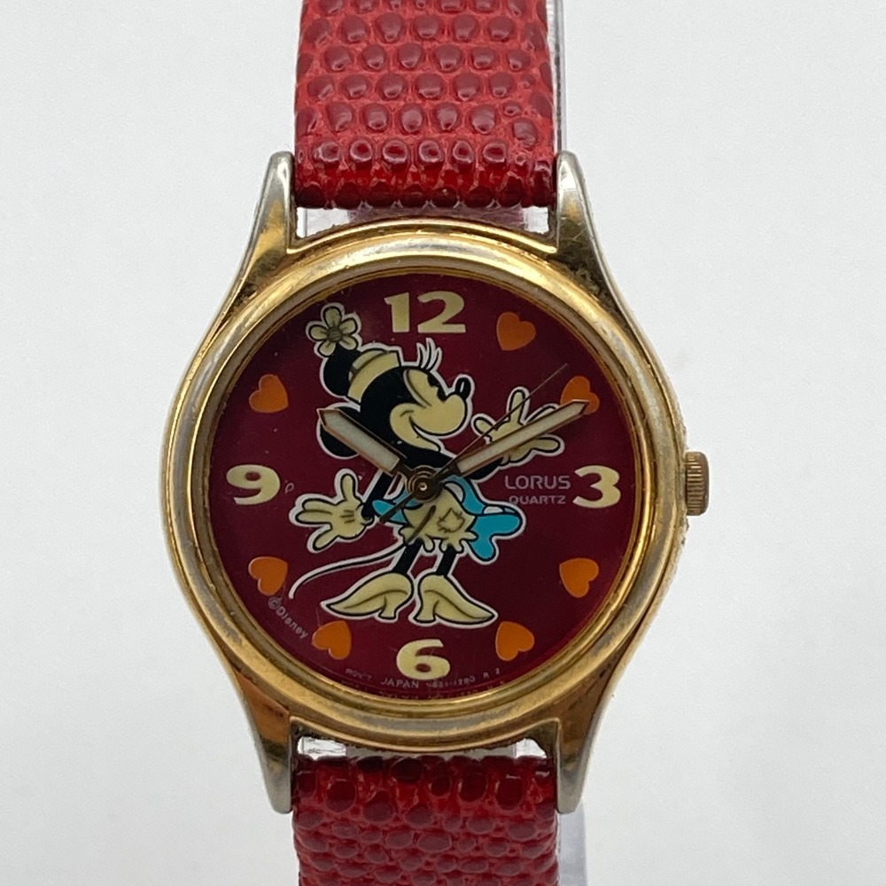 Vtg Lorus Minnie Mouse Watch Women 28mm Gold Tone Red V821-0360 New Battery